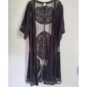 Black‎ Sheer Embroidered Kimono L-XL Boho Lace Cardigan Whimsigoth Fairy
